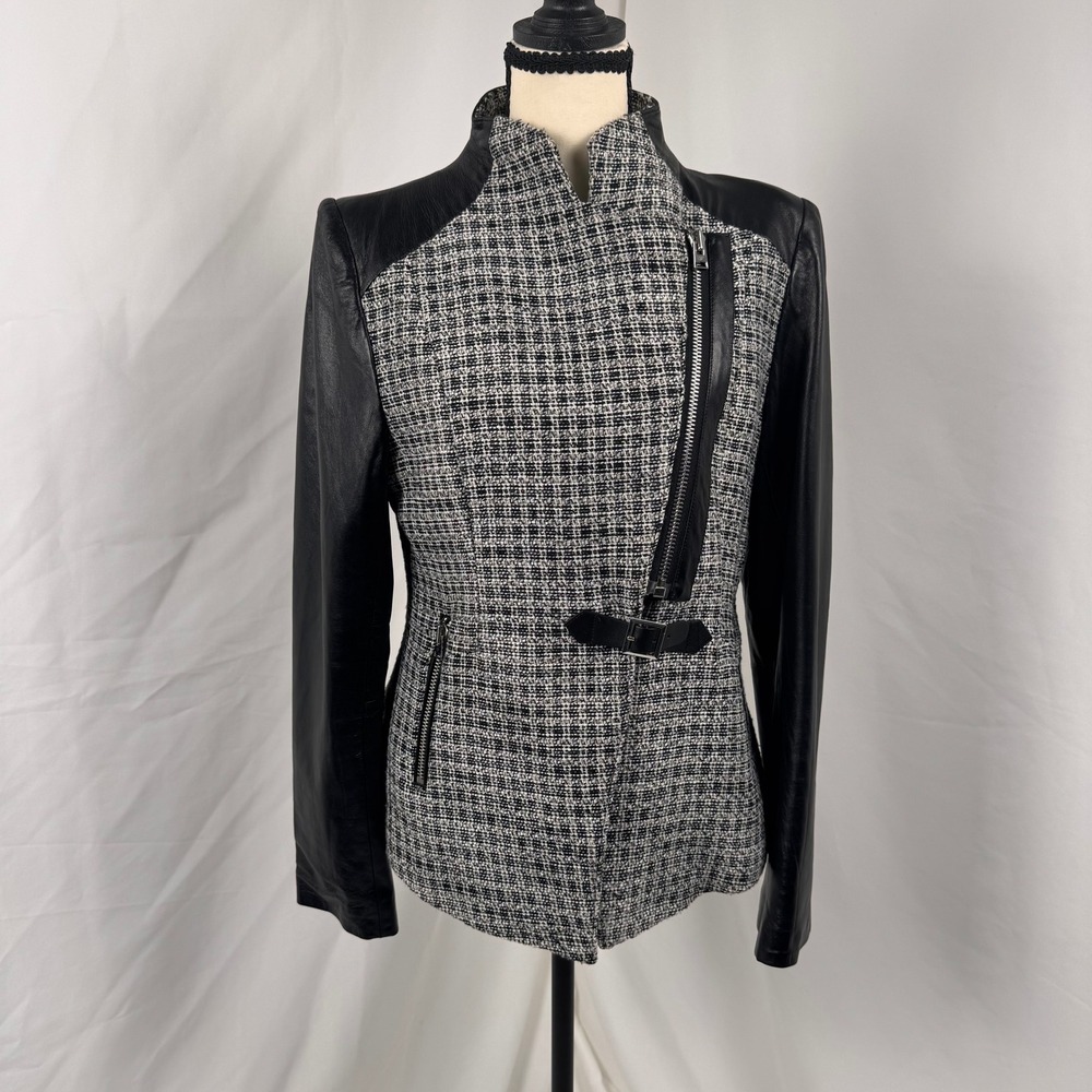 Anne Fontaine Ryska Jacket Women 42 Black White Tweed Leather Sleeve Moto